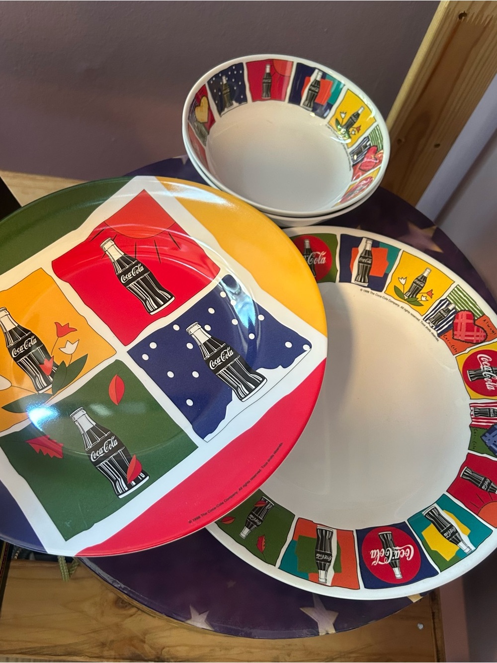 90s Coca Cola Bright Multi-Color Pop Art Dinnerware Set